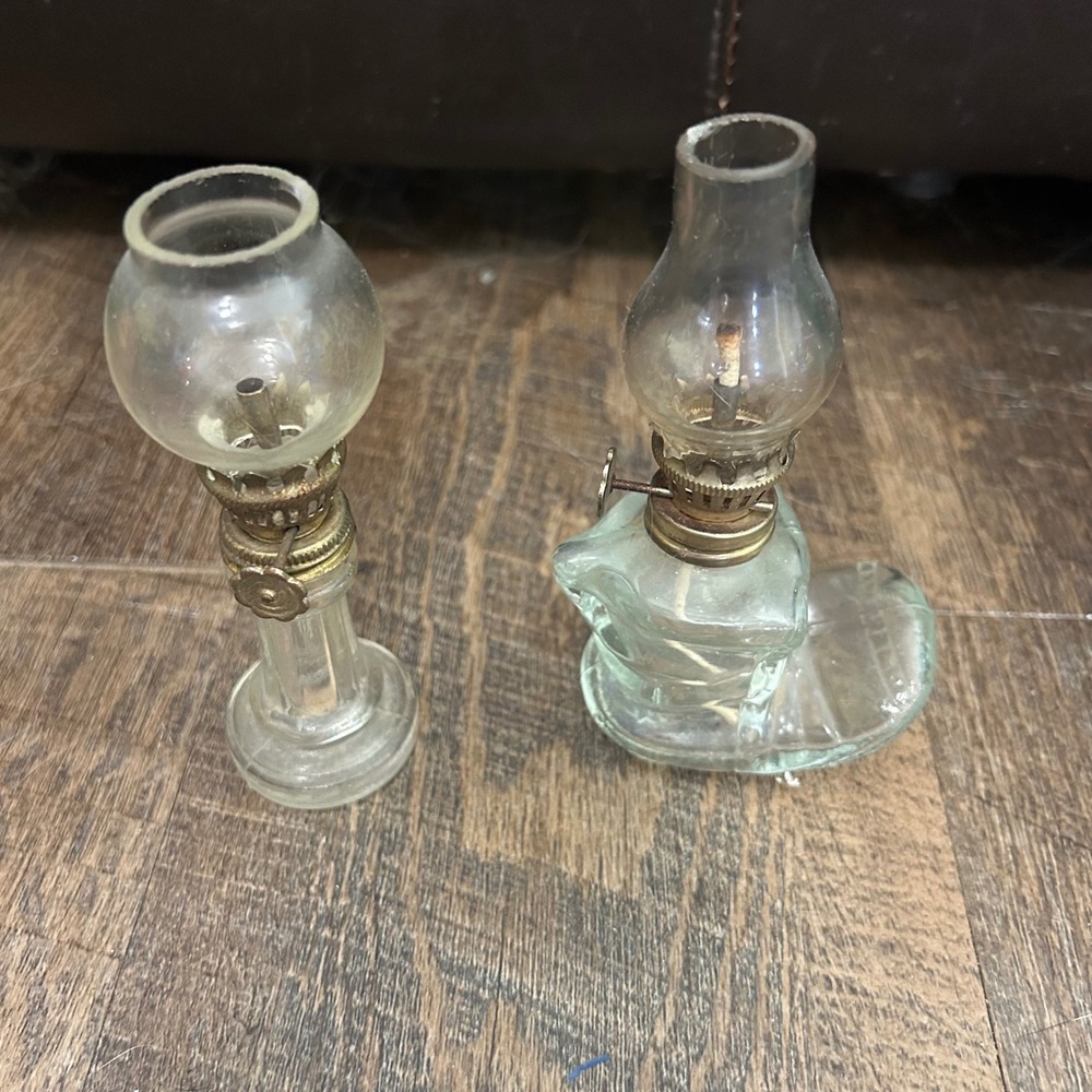 Vintage Miniature Glass Oil Lamp Set Boot and Pedestal Clear Glass Brass Tone